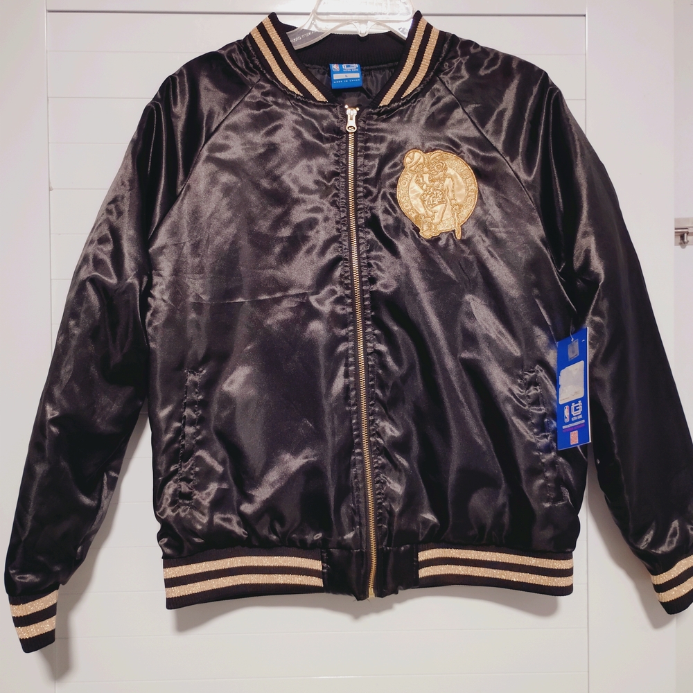 Boston Celtics Satin Bomber Jacket L NBA Starter Style Black NWT